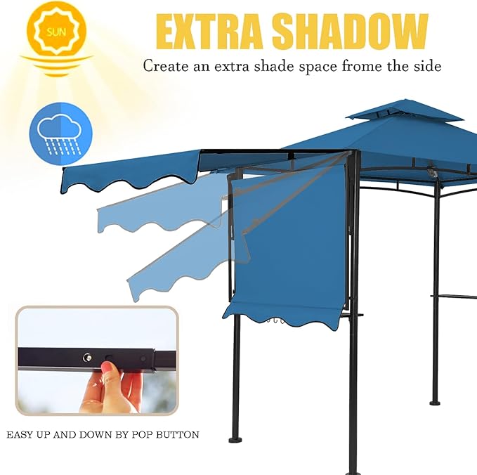 FAB BASED 5x8 Grill Gazebo with Extra Awning, All-Weather Steel Construction, Double Tiered & Resistant Canopy Roof, Metal Serving Shelves, 2 LED, Bottle Opener for Patio, Backyard, BBQ (Blue)