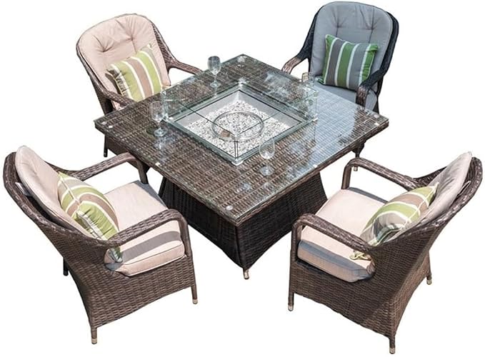 Brown Rattan 4 Seat Square Gas Fire Pit Set with Dining Chairs