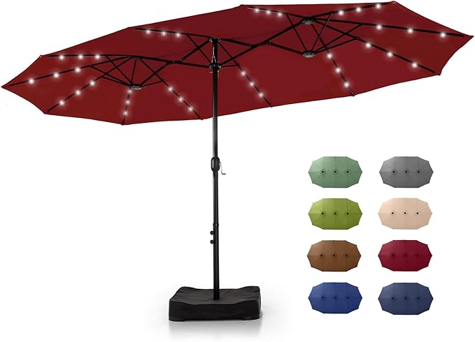 GREEN PARTY 15 ft Large Outdoor Patio Umbrella with Solar Led Lights & Base Included, Double-Sided Rectangular Table Umbrella with Stand, Market Umbrellas for Deck Poolside Garden Backyard, Red