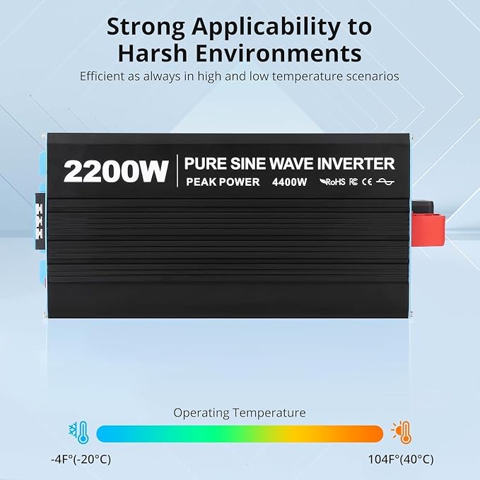 Power Inverter 2200 Watt Pure Sine Wave 12V DC to 110V/120V AC 4400W Peak Converter for Family RV Off Grid Solar System with 2 AC Outlets LCD Display Remote Control and 2.4A USB Charging Port