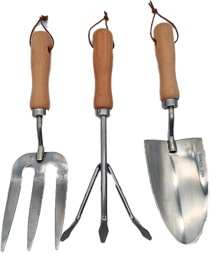 Garden Tool Set, 3 Pieces Stainless Steel Heavy Duty Gardening Kit Includes Hand Trowel, Hand Fork with Wood Handle and Loose Soil Scoop for Weeding Transplanting Digging