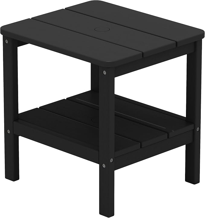 SERWALL Double Layer Adirondack Side Table with Umbrella Hole, HIPS Outdoor Side Table Rectangular End Tables for Patio, Poolside, Garden, Black