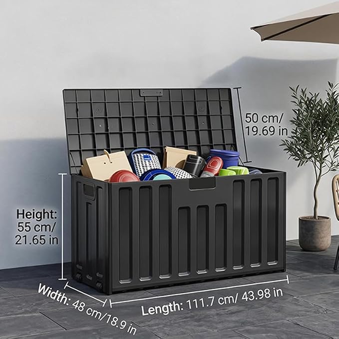 76 Gallon Outdoor Deck Box with Wheels & Lockable Lid - Waterproof UV Resistant Resin Storage Box, Patio Bench Container for Garden Tools, Pool Accessories, Backyard Porch & Patio Cushions (Black)