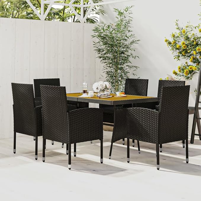 Backyard Furniture Patio Conversation Sets Outdoor Seating 7 Piece Patio Dining Set Poly Rattan Black Suitable for Swimming Pool, Courtyard, Garden