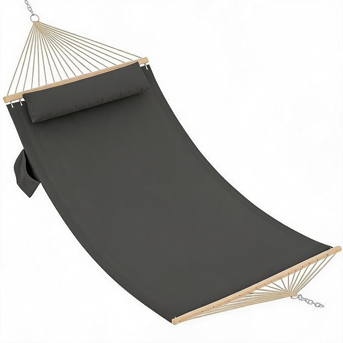Garvee Double Quilted Fabric Hammock with Hardwood Spreader Bars and Pillow 450 LBS Capacity 2 Person Large Hammock for Outdoor Patio Backyard Poolside（Dark Gray）