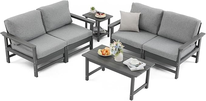 HDPE Outdoor Patio Furniture Set with Cushions, 6 Piece Patio Conversation Set Sofa Set,All Weather Outdoor Couch Set with Coffee Table for Lawn, Garden, Deck