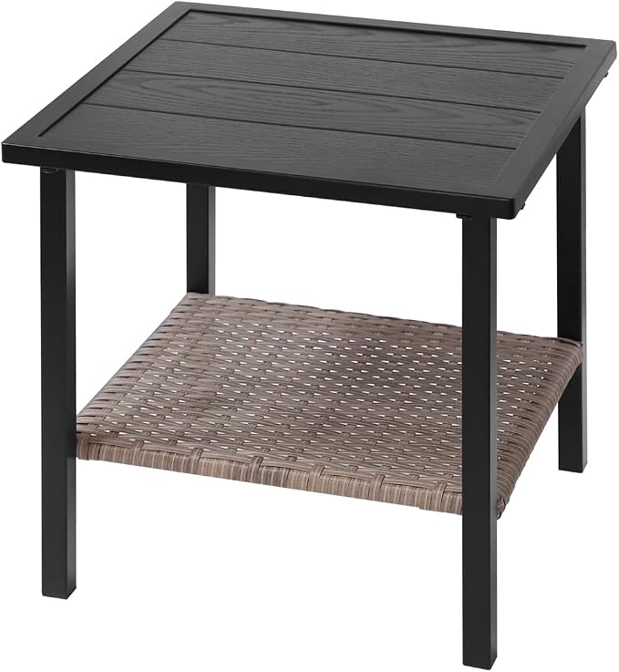 Sunset Escape Wicker Side Table, Rattan Outdoor End Table with Wood Grain Tabletop and 2-Tier Storage for Patio, Balcony and Garden, Black/Brown