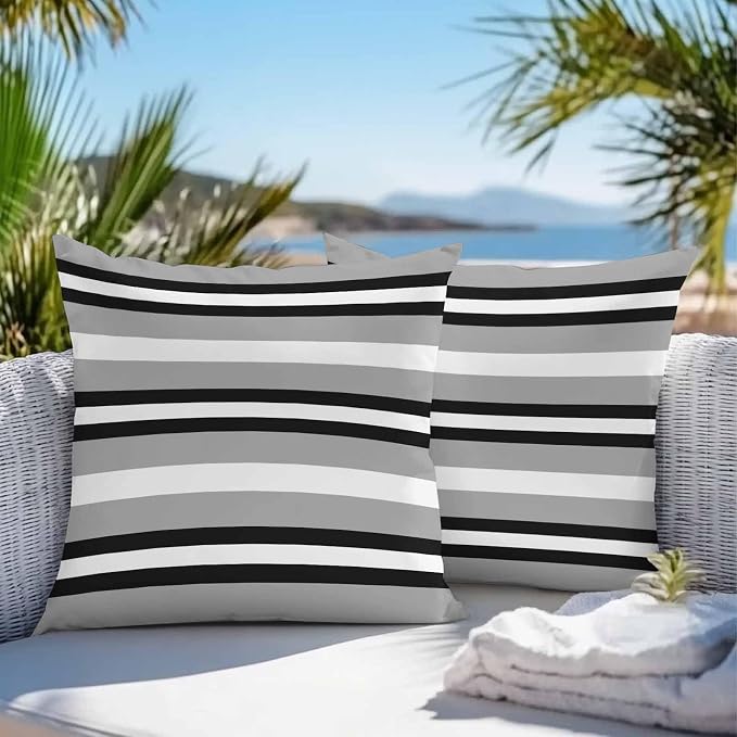 Throw Pillow Covers 20x20 Inch Set of 2, Black Gray Striped Waterproof Outdoor Pillow Covers, Contemporary Minimalist Lines Art Decorative Cushion Pillowcases for Couch, Sofa, Bed, Garden, Patio