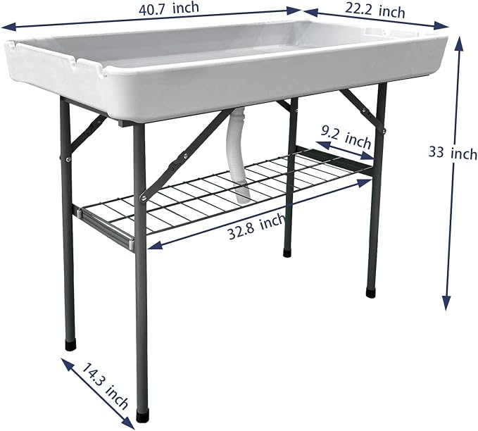 2-Tier Portable Folding Ice Cooler Table, White, with Storage Rack & Drain Hose, Ice Fill Chill Table for Drinks, Food, Camping, Beach, Backyard Parties, Weddings & Events