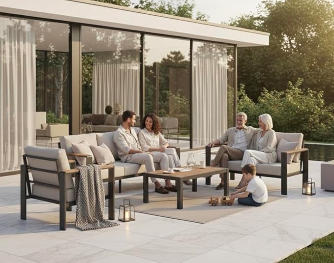 Aluminum Outdoor Patio Furniture Set with Coffee Table, 5 Piece Outdoor Conversation Sets with Washable Thick Cushions, Patio Sectional Furniture Set for Porch, Lawn, Garden, Silver