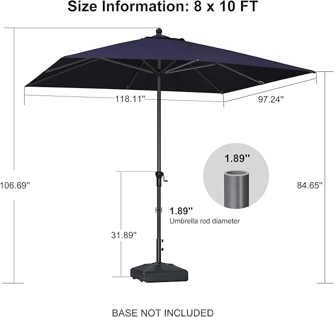 PURPLE LEAF 10' x 8' Patio Market Umbrella Outdoor Table Sun Umbrellas with Crank 8 Aluminum Sturdy Ribs for Pool Deck Backyard Beach Navy Blue