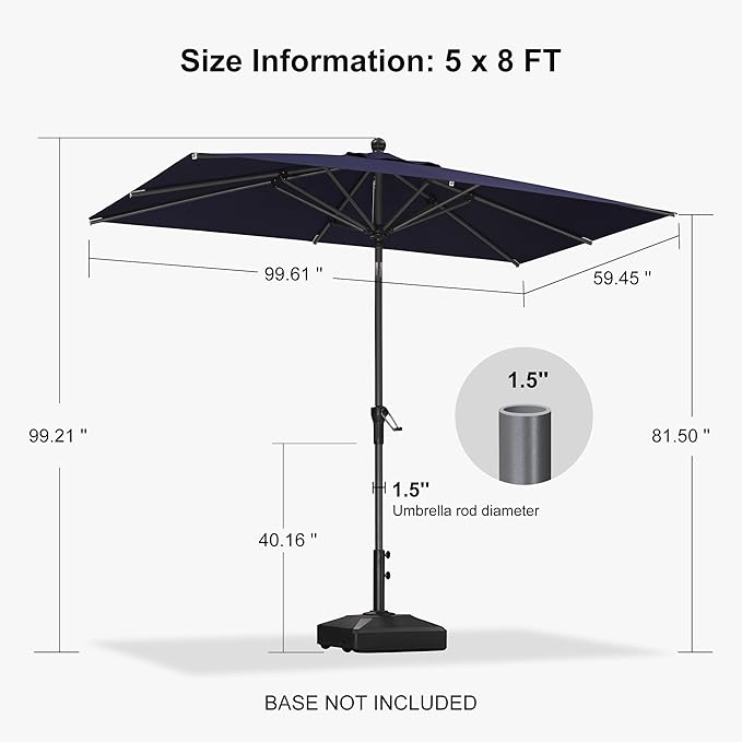 PURPLE LEAF 8' x 5' Rectangular Patio Umbrella Outdoor Table Umbrella Aluminum Frame Market Umbrella Sun Umbrella with 8 Sturdy Ribs & Tilt for Garden Deck Lawn & Pool Navy Blue