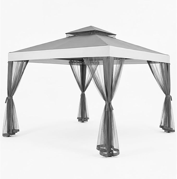 10x10 Gazebo with Netting, Canopy Tent Sun Shade Shelter for Outdoor Patio Backyard (Gray)
