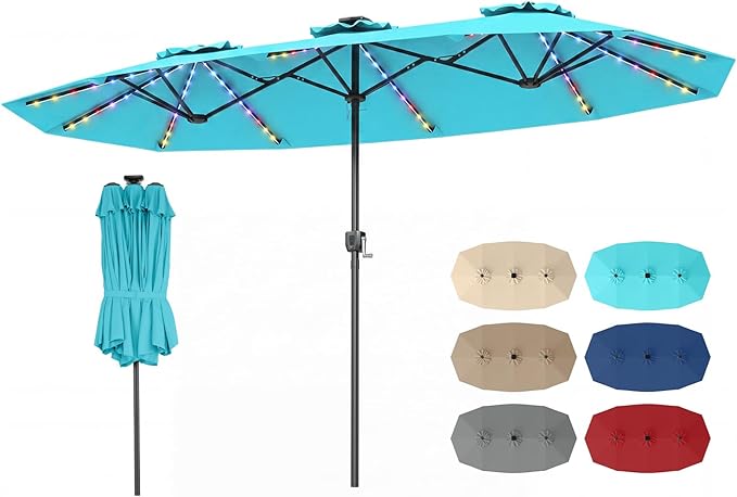 Tangkula 13 Ft Solar Patio Umbrella, Double-Sided Extra Large Outdoor Market Table Umbrella with Multi-Colored Flowing LED Lights, Crank Handle, 12 Sturdy Ribs for Poolside, Garden & Backyard (Turquoise)