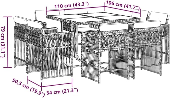 9 Piece Garden Dining Set, Black and Cream PE Rattan Outdoor Furniture with Removable Washable Cushions, Large Foldable Patio Dining Table and Chairs for Backyard and Terrace Gatherings