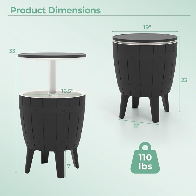 10 Gallon Cooler Table, Cool Bar Table with Height Adjustable Tabletop & Drainage Plug, 3-in-1 Cocktail Drinks & Wine, Outdoor Cooler Side Table for Backyard, Party, Poolside (Black)