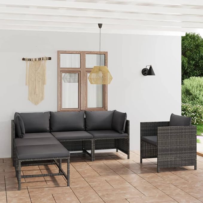 6-Piece Grey Rattan Patio Set, 23.6" Modular Outdoor Couch, Fade-Resistant Cushions, Tool-Free Assembly, Balcony Garden Deck Porch