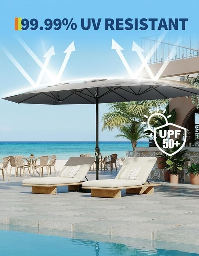GarveeLife 15 ft Large Patio Umbrella with Lights, 36 LED Lights Double-sided Patio Umbrella with Weighted Base for Poolside Garden Backyard