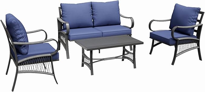 4 Piece Patio Furniture Set, All Weather Outdoor Sectional Sofa Conversation Set with Thick Cushions and Metal Coffee Table for Garden, Porch, Lawn, Blue