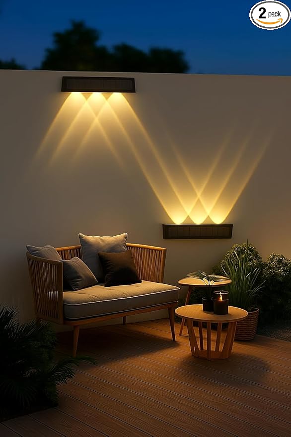 Solar Wall Lights Outdoor Waterproof 2 Pack, Up & Down Solar Fence Lights, Dusk to Dawn Decorative Solar Lights Outdoor for Fence Deck Step Porch Patio, Warm White LED, Easy Install