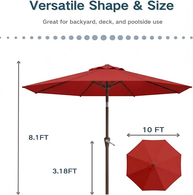 PatioKingdom 10FT Patio Umbrella with Push Button Tilt and Crank, Outdoor Market Umbrella with 8 Fiberglass Ribs, UV Protection Table Umbrella for Pool,Backyard,Garden,Deck