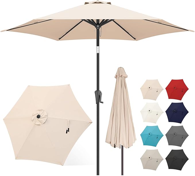 FLAME&SHADE 10ft Patio Umbrella - Outdoor Umbrella with 6 Sturdy Ribs, Push Button Tilt and Crank, UV Protection Table Market Umbrella for Pool, Porch, Garden, Deck, Backyard (Beige)