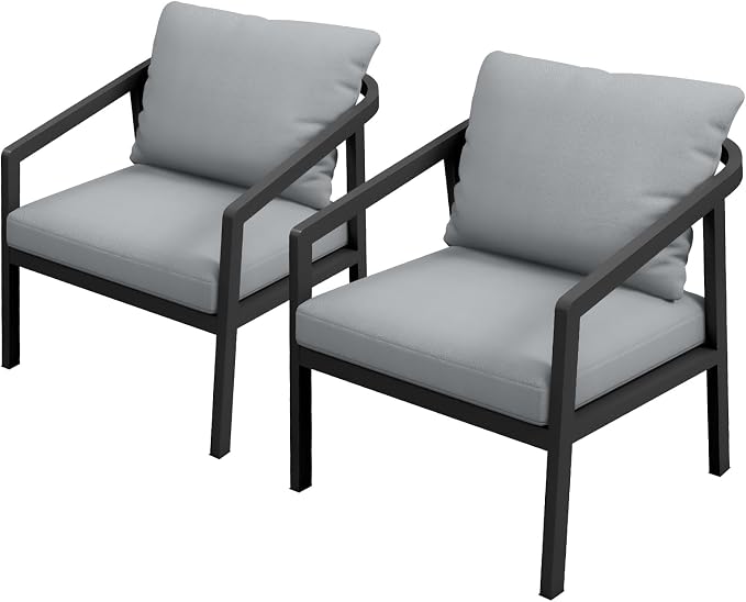 Patio Sofa Chairs Set of 2, Never-Rust Aluminum Outdoor Armchair with Removable Cushions, All Weather 2 Pieces Outdoor Club Chairs, Outdoor Sofa Chairs for Garden, Lawn, Backyard, Black