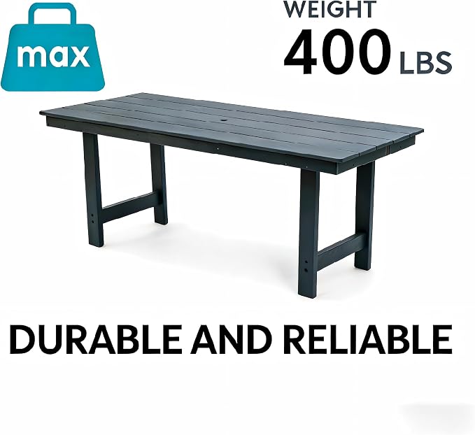 KEIKI 66.9" HDPE Outdoor Table, All Weather Patio Table with Umbrella Hole,Waterproof & Fade Resistant, Wood Grain Finish, Easy Assembly Patio Furniture for Garden Balcony Poolside Backyard, Black