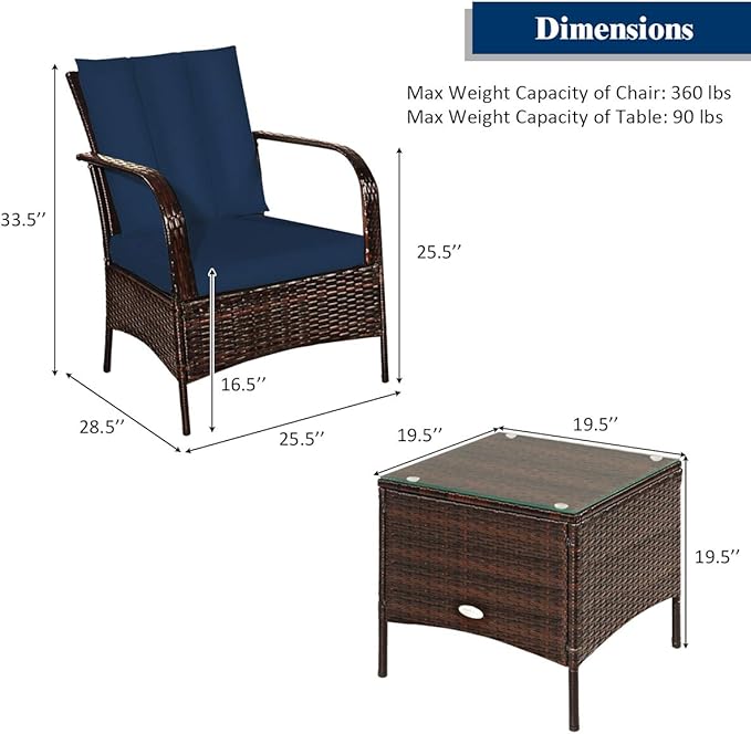 Tangkula 3 Piece Patio Furniture Set, 2 Wicker Chairs with Glass Top Coffee Table, Outdoor Garden Porch Poolside Furniture Set for 2, Rattan Conversation Set
