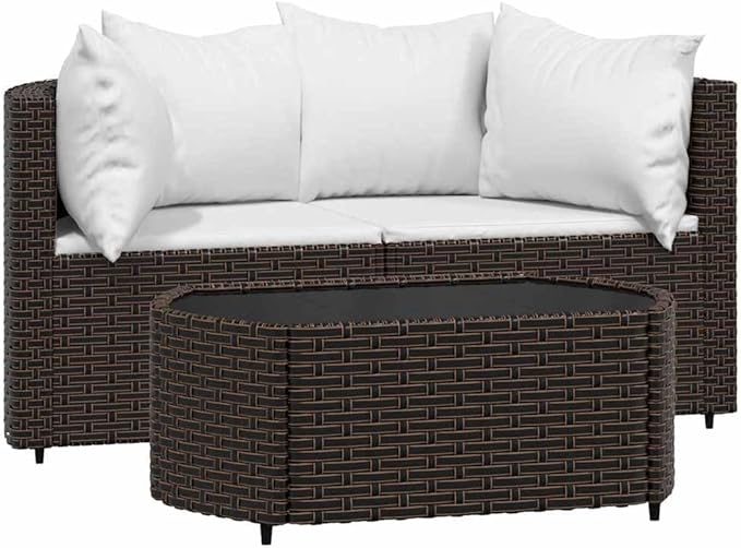 3 Piece Outdoor Sofa Set Brown Cream White 24.8 x 12.1 x 22.6 in Steel Frame PE Rattan Patio Sectional Furniture Modular Couch for Garden Balcony Backyard Chilling & Dining