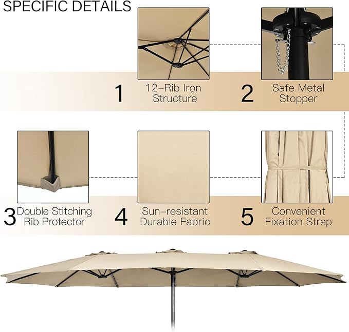 Tangkula 15FT Double-Sided Patio Umbrella with Base, Extra-Large Market Umbrella W/Crank System, Outdoor Twin Umbrella W/ 12-Rib Metal Structure & Air Vents for Garden, Backyard, Poolside (Beige)