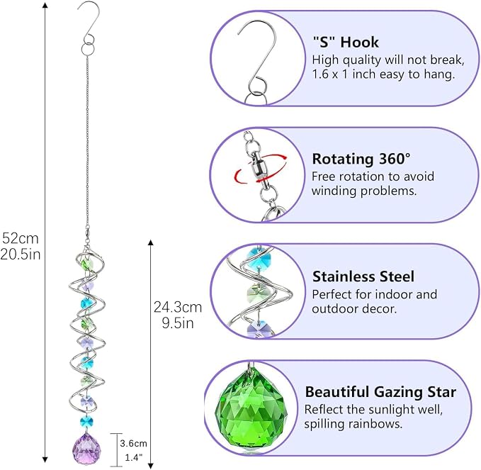 Set of 3 Crystal Spiral Wind Spinner Gazing Ball Decor | Crystal Suncatcher Rainbow Maker with Spiral Tail Hanging for Outdoor Garden Patio Porch Christmas Window Decor