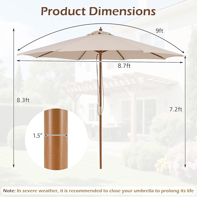 Tangkula 9 FT Patio Umbrella, Outdoor Table Market Umbrella with 8 Wooden Ribs, 3 Adjustable Heights, Rope Pulley System for Garden, Vented Top for Pool Backyard Deck Garden
