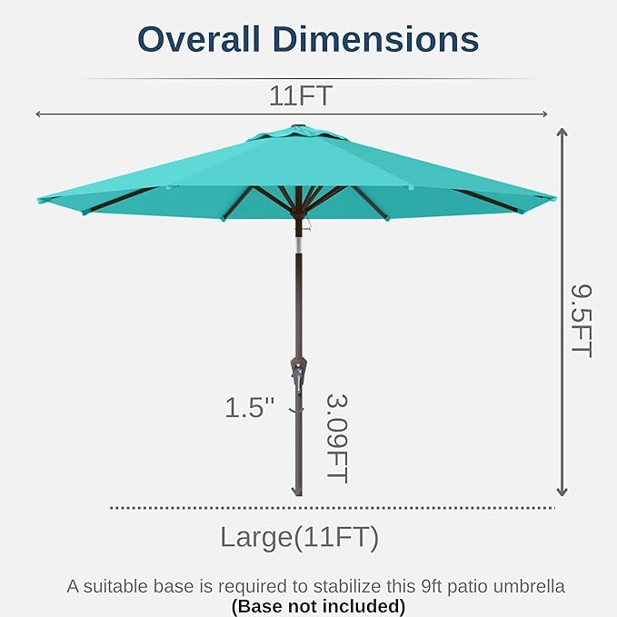 11FT Patio Umbrella, Outdoor Umbrella with with 8 Sturdy Fiberglass Ribs,Market Table Umbrella with Push Button Tilt and Crank,Suit for Backyard,Garden,Pool,Deck(Peacock Blue)