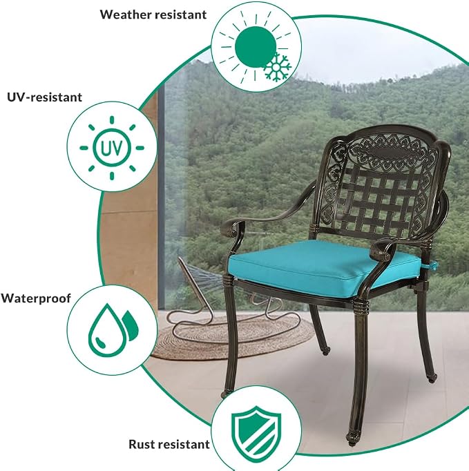 VIVIJASON 3-Piece Outdoor Patio Bistro Set, All-Weather Cast Aluminum Furniture Dining Sets Include 2 Cushioned Chairs and 35.4" Round Table w/Umbrella Hole for Balcony, Lawn, Ocean Blue Cushion