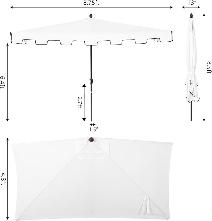 JONATHAN Y Sidney Coastal 9 ft. White Half Umbrella for Outdoor Patio, Space-Saving Rectangular Wall Sun Shade with Crank Lift, UV Protection for Balcony, Deck, Dark Brown Pole UMB1200D
