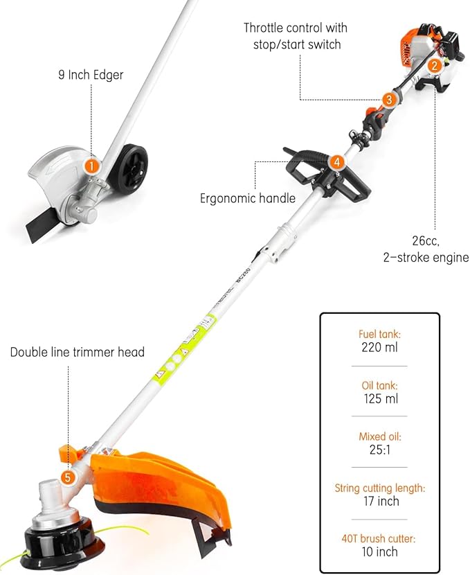 NEO-TEC 26cc 3-in-1 Gas String Trimmer 17" Gas Powered Weed Eater & Weed Wacker, 2-Cycle Lawn Edger & Brush Cutter Lightweight Yard Tool with Shoulder Strap & Rubber Handle
