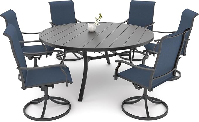 Patio Table and Chairs Set for 6 Person,54"x 54"x 28" Round Steel Slat Outdoor Table with 6 Breathable Textilene Swivel Chairs for Deck/Backyard/Poolside/Garden