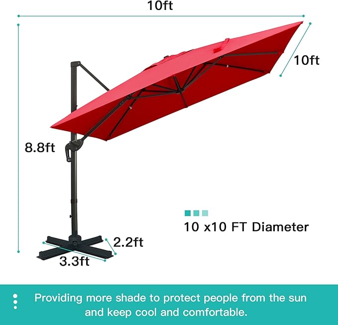 Sunnyglade 10x10Ft Cantilever Patio Umbrella Square Deluxe Offset Umbrella 360°Rotation & Integrated Tilting System Heavy Duty Patio Hanging Umbrella for Market Garden Deck Pool Backyard Patio (Red)