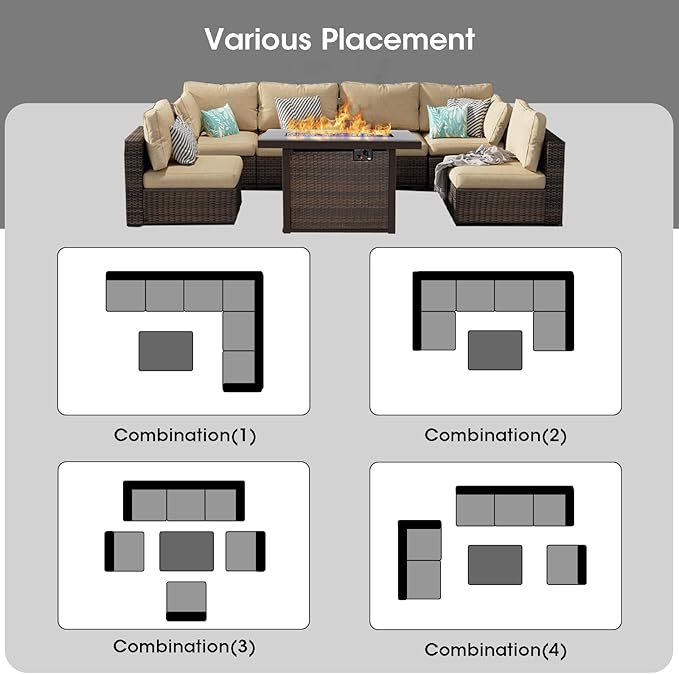 Grezone Patio Furniture Set,7 Piece Patio Furniture Set with Fire Pit Table,PE Wicker Rattan Sectional Sofa Patio Conversation Set with Thickened Cushions, Beige