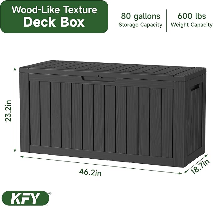 90 Gallon Waterproof Resin Deck Box, UV Resistant Outdoor Storage for Garden, Patio, Porch, Delivery（Black，80 Gallon）