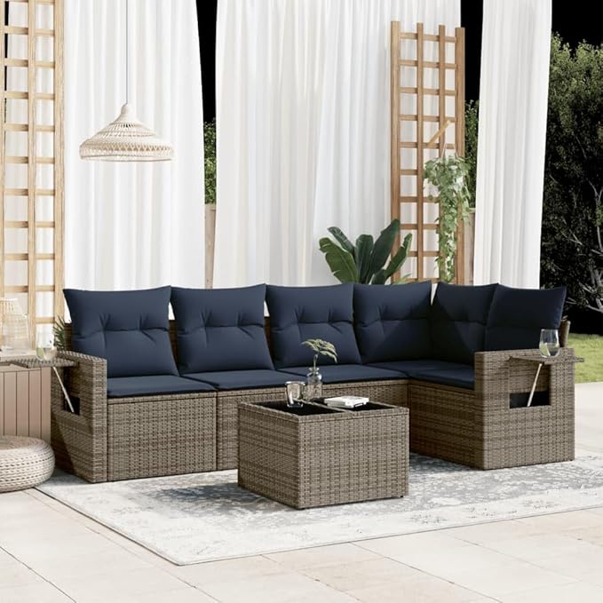 vidaXL Patio Sofa Set with Cushions 6 Piece, Outdoor Conversation Set, Patio Sectional Sofa for Balcony Garden, Modern Style, Gray Poly Rattan