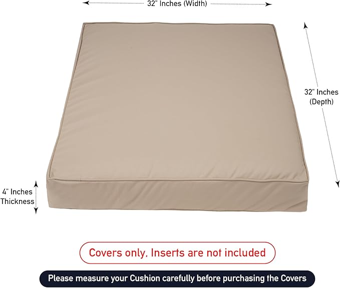 Covers & All Square Outdoor Cushion Covers for Patio Furniture Sets, Water, Tear & UV Resistant Polyester Cushion Slipcover with Zippers (Pack of 2) (32" L x 32" W x 4" Thick, Beige)
