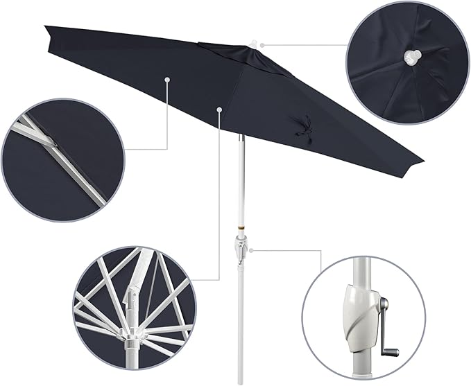 California Umbrella 12-Year Protection 9' Rd Aluminum Patio Umbrella, Crank Lift, Auto Tilt, White Finish, Sunbrella Indigo