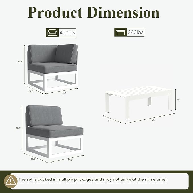 LayinSun 6 Pieces Modern Aluminum Patio Furniture Set with Coffee Table, Outdoor Modular Sectional Conversation Set L-Shaped Sofa for Backyard