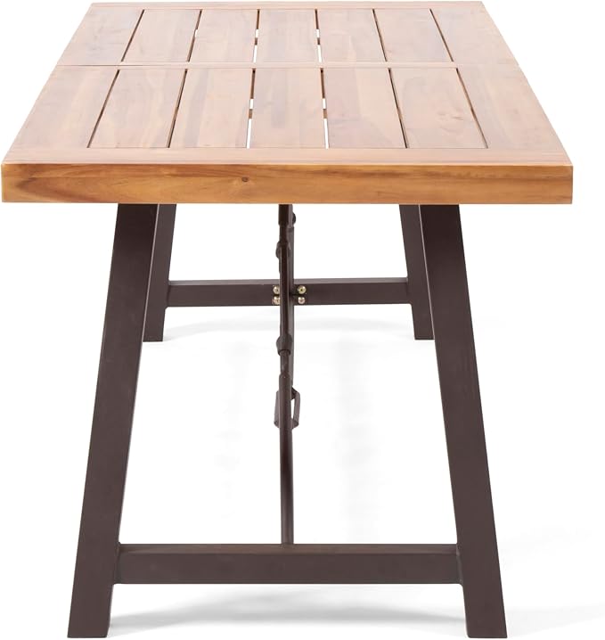 Acacia Wood Outdoor Dining Table Metal Base Teak Color Durable All-Weather Design Ideal for Patio Garden and Backyard Use