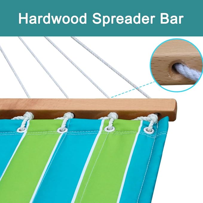 2 Person Outdoor Hammock with Curved Spreader Bar, Heavy Duty Hammock with Stand for Outside, Hamacas para Adultos with Pillow, Amacas for Garden, Backyard, Pool, Beach, Green Stripe