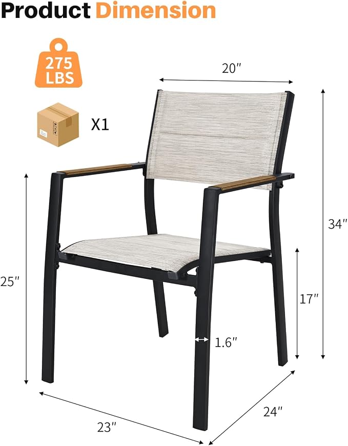 Stackable Patio Chairs Set of 4, Never-Rust Aluminum Outdoor Dining Chairs, Outdoor Stacking Dining Chairs Patio Dining Chair with Double-Layer Thickened Textilene for Deck, Garden, Teak