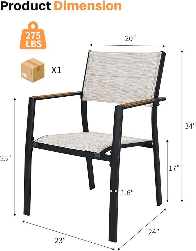 Patio Stacking Dining Chairs, Never-Rust Aluminum Stackable Patio Chairs Set of 2, Upgraded 3D Double-Layer Textilene Outdoor Dining Chairs, Patio Dining Chairs for Deck, Garden, Balcony, Teak