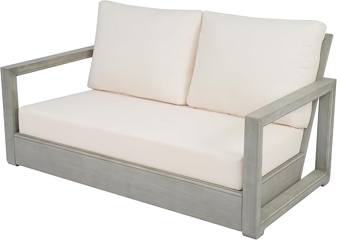 Christopher Knight Home Rammus 2 Pieces Outdoor Conversation Set, Acacia Wood Chat Set, Rectangular Coffee Table and Patio Loveseat Sofa, Slat Design Patio Furniture Set for Garden, Beige + Light Grey
